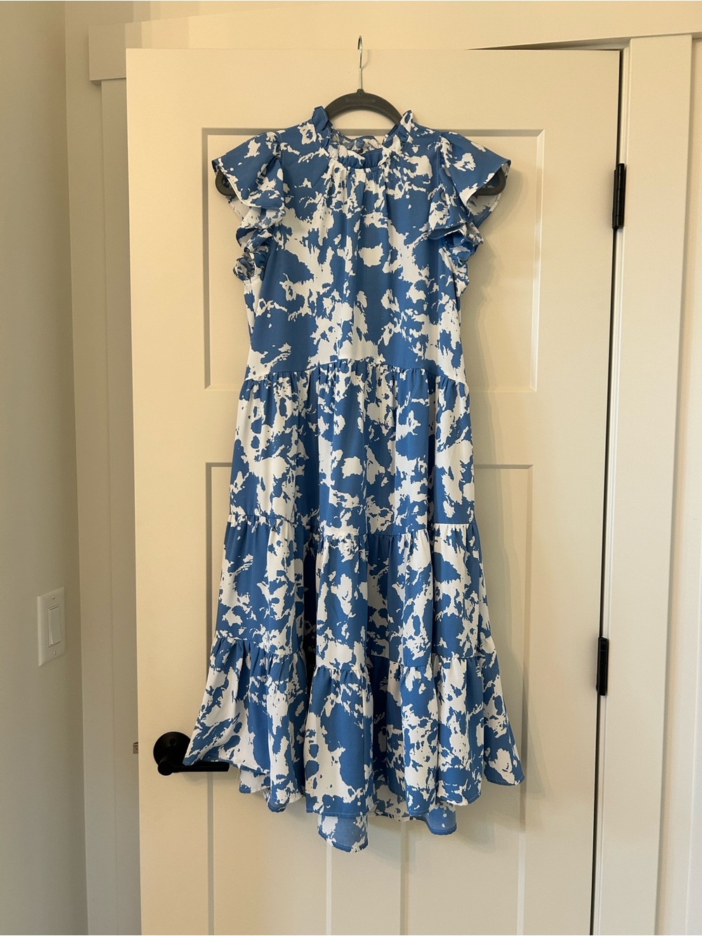 Pinch Blue and White Ruffle Sleeve Tiered Midi Dress